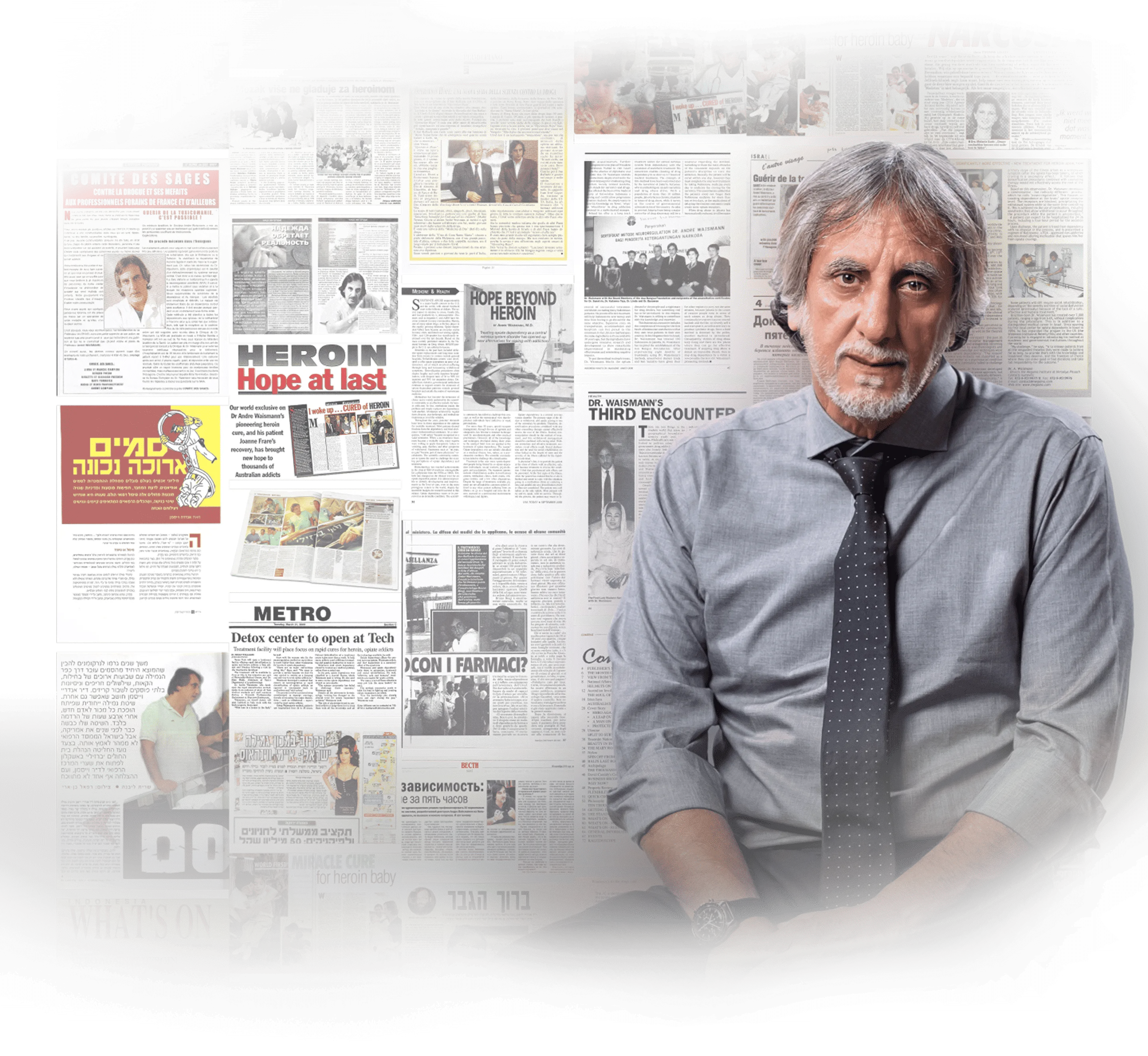 Dr. Waismann in front of newspaper coverage of his work from around the world